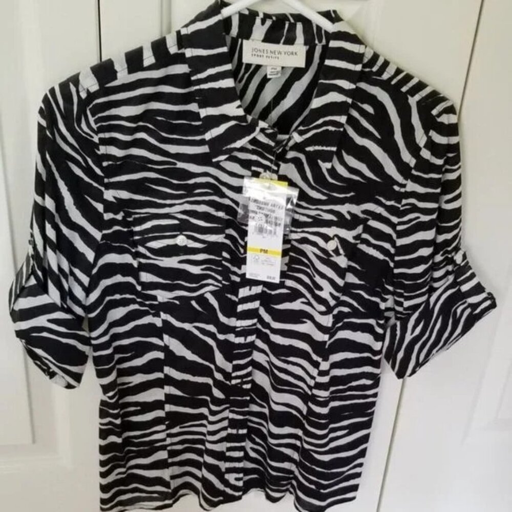 New with Tag Jones New York Zebra Print 3/4 Sleeve Blouse Size Petite Medium